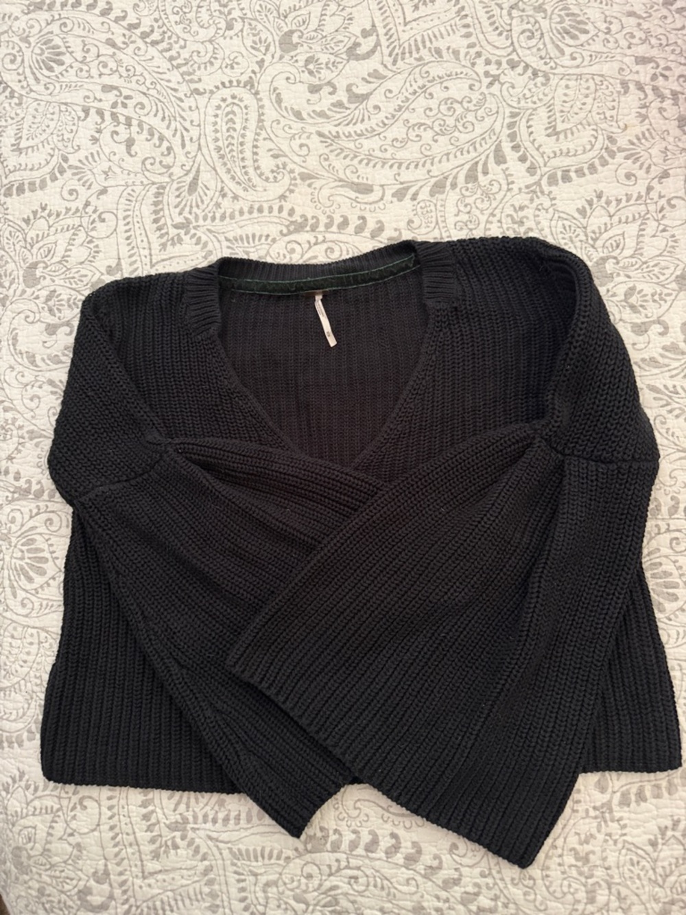 Free People Black V‑Neck Ribbed Knit Sweater